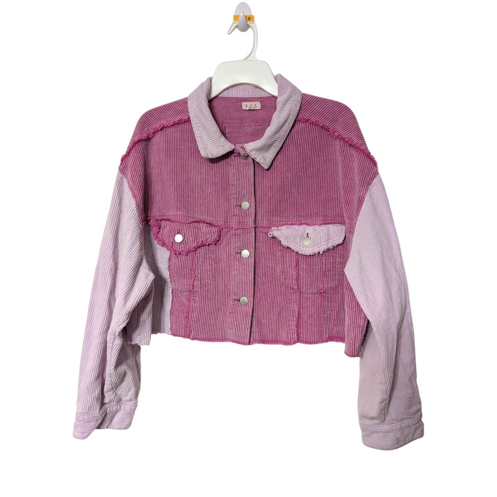 POL Pink Colorblock 100% Cotton Corduroy Raw Hem Crop Jacket Flap Pockets Large